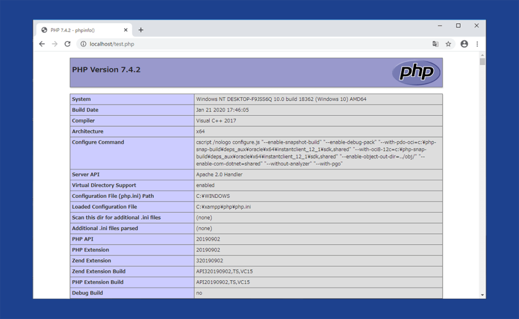 PHPプログラム(phpinfo)の実行結果